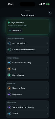 Einstellungsansicht der fogu-App